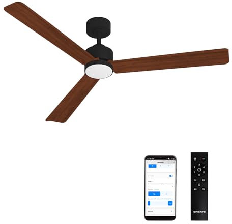 CREATE / WIND MODERN L/Ventilador de techo con luz negro madera oscura con Wifi y mando / 40W, Luz LED 3 temperaturas, Ø152 cm, programable, 6 velocidades, función verano-invierno