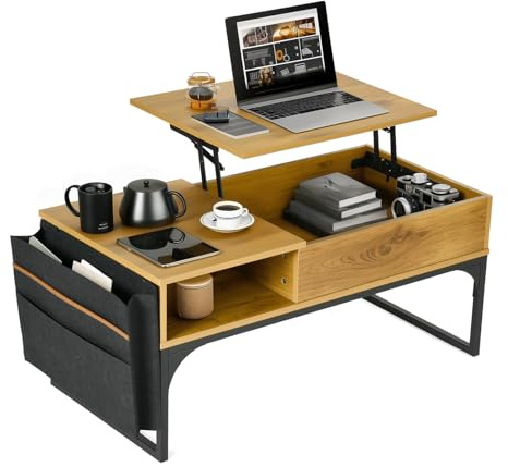MEUBLE COSY Table Basse de Salon avec Plateau Relevable Poche de Rangement et Compartiment Caché Structure en métal, Style Industriel, Chêne, 100x50x45cm
