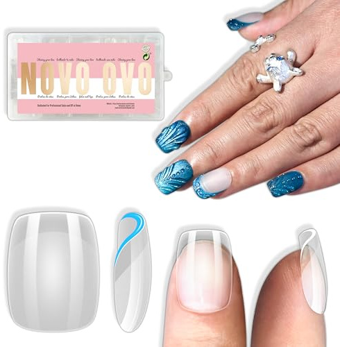 NOVO OVO Short Square Round Nail Tips, Extra Thick Full Cover False Fake Nails Press on, Soft Gel Clear Surface Matte Inside, for Manicure Salon DIY French Tip Acrylic Extension x 15 Sizes 240 pcs