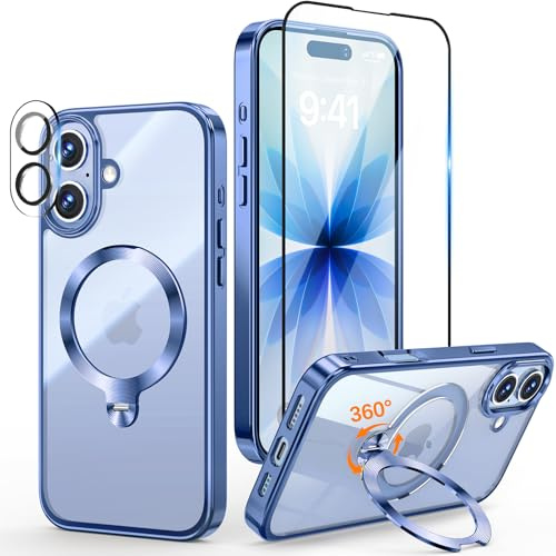 Yoouther 3 in 1 Magnetische Hülle für iPhone 17 6.3 [360° CD Unsichtbarer Drehständer für MagSafe] [Mit Stück Schutzfolie & Kameraschutz] [Nie Vergilbung] Militärschutz Stoßfest, Blau