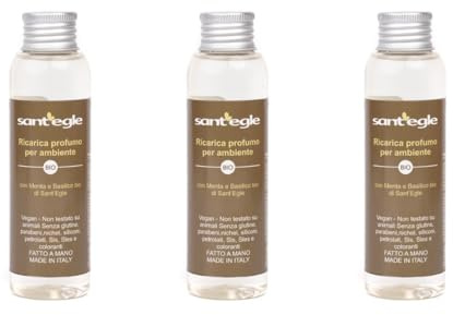 Sant'Egle Raumduft Nachfüller Bio, Minze und Basilikum, 100 ml, Made in Italy, 3-teiliges Set (3, rund)