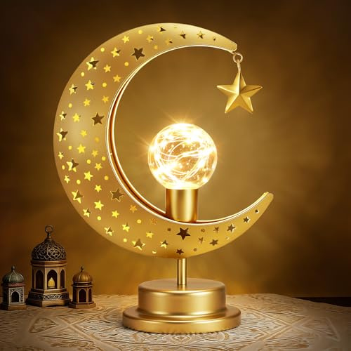 Lewondr Ramadan Lampada Luna, Mezzaluna con Lampada da Tavolo Stella, Lampada da Scrivania Ramadan a Batteria Luce Tavolo Mezzaluna Comodino Comodino Scrivania Soggiorno Casa, Decorazione Eid Mubarak