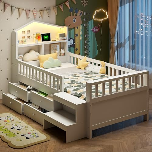 RIAZOS Kinderbett 90 x 200 cm, Kopfteil mit LED, Einzelbett mit USB Type C Ladestation, mit 4 Schubladen und Schritten, Massivholzbett mit Lattenrost, Einzelbett, Weiß, ohne Matratze