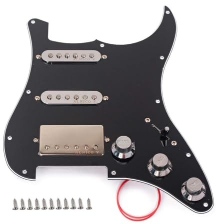 Ogdni Pickguard SSH pré-câblé pour Stratocaster, pickguard de guitare électrique 3 plis avec micro Humbucker, noir avec micros Alnico V à bobine unique, pièces de rechange