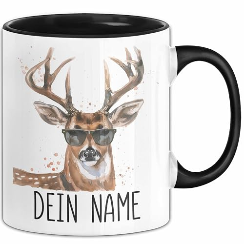 Hirsch Tasse mit Namen – Personalisierte Tasse Geburtstag Geschenkidee süßes Hirschmotiv Mit Sonnenbrille Cool Namenstasse (Schwarz)