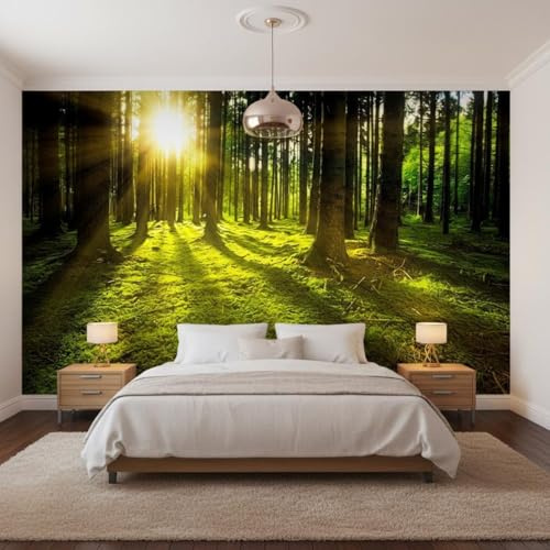 Sunny Graphics Print Sunlight Forest Wallpaper Mural Photo Green Trees Mossy Ground Nature Wall Art for Bedroom Lounge Office Spa Wall Covering Decoration Poster