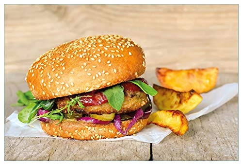 Wallario Küchenrückwand selbstklebend 90 x 60 cm, Motiv: Burger mit frischem Salat und Pommes | Spritzschutz abwischbar & pflegeleicht