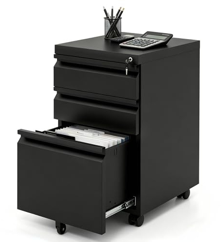 GIANTEX Cassettiera da Ufficio in Metallo, schedario Portadocumenti a 3 Cassetti con 5 Ruote, Serratura, Vassoio Rimovibile, Mobiletto per Documenti da Ufficio, Studio per Lettera, Formato A4 (Nero)