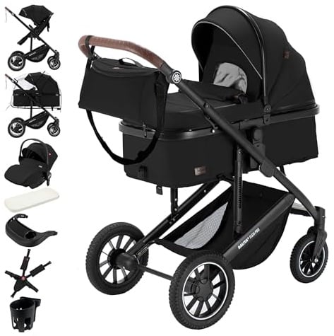 Daliya® FLEXI-PRO M 3in1 Kinderwagen & Buggy mit i-Size Babyschale, Viel Zubehör (Schwarz Uni)