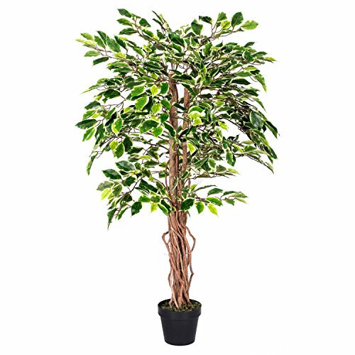 HOMESCAPES 4 Feet Variegated Ficus Tree With Real Wood Stems and Lifelike Leaves Replica Artificial Plant