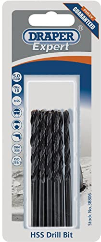 Draper Expert 38806 Lot de 10 forets HSS | Outils de maçonnerie en acier au carbone | Forets à pointe métallique | Embouts robustes de 5 mm