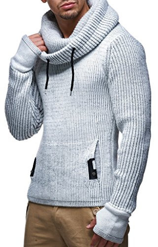 Leif Nelson Herren Strickpullover Grau mit Kragen/Hochwertiger Winterpullover Regular Fit, ideal für Casual-Looks, Langarm Größe L