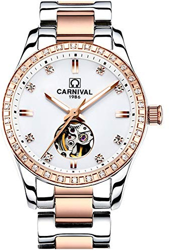 Carnival Damen-Skelett-Armbanduhr, automatisch, mechanisch, synthetisch, Saphirglas, Roségold, Edelstahl, wasserdicht, Weiß, Rotgold/weißes Zifferblatt, modisch