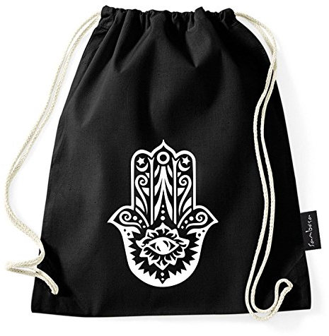 Über 60 Sprüche & Designs auswählbar/WhyKiki Turnbeutel mit Spruch/Beutel: Schwarz/Rucksack/Jutebeutel/Sportbeutel/Hipster, Bag:Hamsa