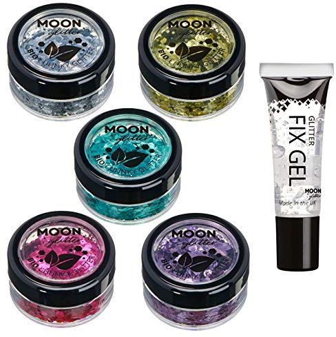 Moon Glitter Biologisch Abbaubarer Öko-Glitter - 100% Kosmetischer Bio-Glitter für Gesicht, Körper, Nägel, Haare und Lippen - 5er-Set á 3g - Plus Fixierungsgel