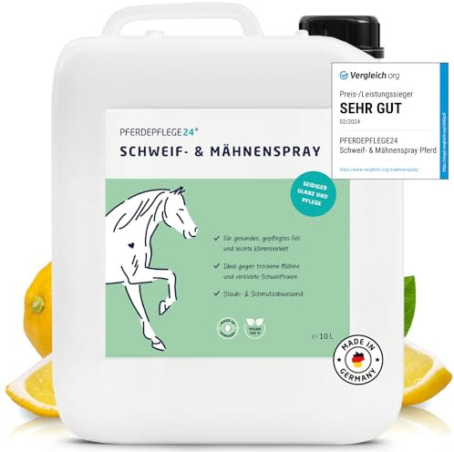 PFERDEPFLEGE24 Schweif und Mähnenspray für Pferde 10l - VERGLEICHSSIEGER - Brillanter Glanz, leichte Kämmbarkeit & Gesundes Fell - Mähnen und Schweifspray für Pferde in 5 Größen