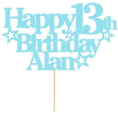 EDSG Personalised Happy Birthday Cake Topper Custom Party Decoration with Any Name Any Age Multicolour Glitter Cake Topper 13th 16th 18th 21st 30th 50th 60th 80th Hand Finished in UK (Baby Blue)