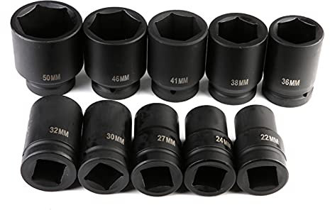 10pcs Impact Socket Set, 1 Inch Long Reach Impact Sockets Drive DEEP Impact Socket Chrome Vanadium Steel Drive Deep Impact Axle Hub Nut Socket Sets for DIY Car Repair, 22mm to 50mm