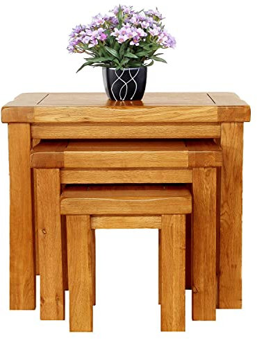 Aurotrice Solid OAK Nest of 3 Tables Wooden Side Nesting Wood End Coffee Lamp Table Rustic Sets