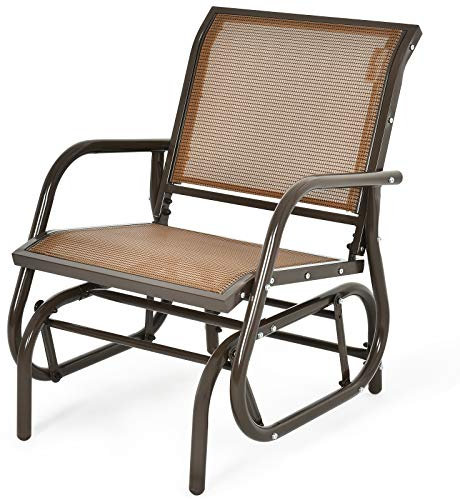 COSTWAY Garden Glider Chair, Metal Frame Armchair Swing Single Seater, Outdoor Indoor Relax Rocking Chairs for Living Room, Patio, Porch and Poolside (Brown)