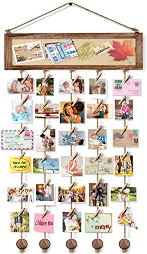 Bikoney Bilderrahmen, Collage, Wanddekoration, zum Aufhängen, Foto-Display, Multi-Bilder-Organizer mit Holz-Pinnwand, Foto-Board, 30 Clips und 6 Reißzwecken für Zimmer (karbonisiertes Schwarz)