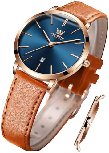 OLEVS Damen-Quarzuhr, minimalistisch, lässig, ultradünnes Design, Lederarmband, wasserdicht, Datum, elegante Armbanduhr, Blaues Zifferblatt/hellbraunes Armband, Armband