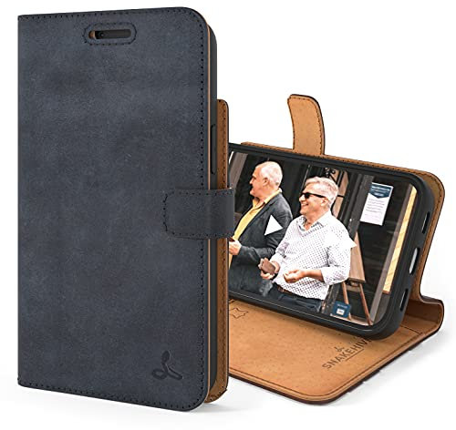 Snakehive iPhone 13 Mini Vintage Wallet || Genuine Leather Wallet Phone Case || Real Leather with Viewing Stand & 3 Card Holder || Flip Folio Cover with Card Slot (Navy)