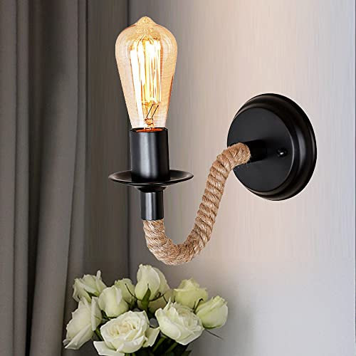 Apliques de Pared Vintage, Lampara de Pared Cuerda de Cáñamo, E27 Ajustable Lámpara de Pared para Pasillo Desván Dormitorio Café Restaurante Comedor Restaurante Pasillo Salón Cabecera Interior Lámpara