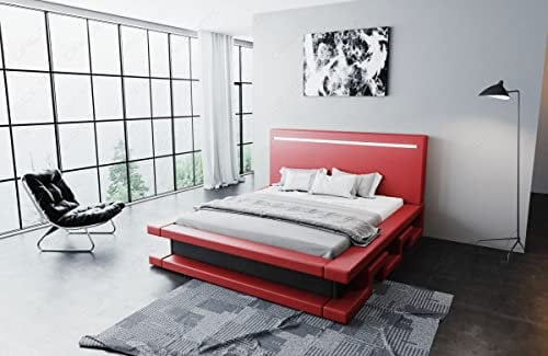 Sofa Dreams Boxspringbett Faenza Leder mit LED Licht Podest Hotelmatratze Lederbett in 140x200 160x200 180x200 200x200 200x220 (140 x 200 cm, Rot-Schwarz)