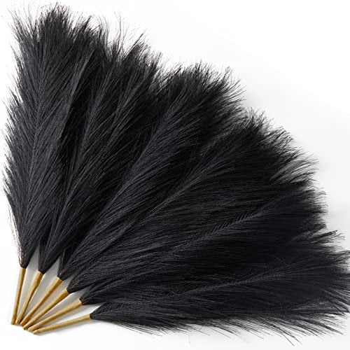 Serwalin 6 Stück Schwarzes Pampasgras Künstlich 45cm Klein - Dekor Faux Flauschige Getrocknete Blumen Schwarze Federn für Badezimmer Wohnzimmer