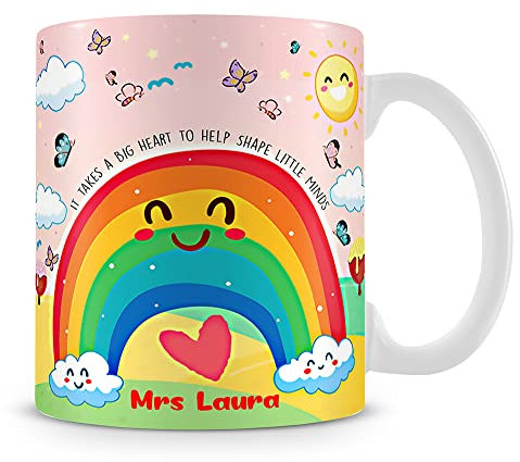 Teachers Theme Personalised Rainbow It Takes a Big Heart to Help Shape Little Minds Birthday, End of Term, Thanks-Giving Coffee Tea Mug Unique 11oz White Ceramic Mug.