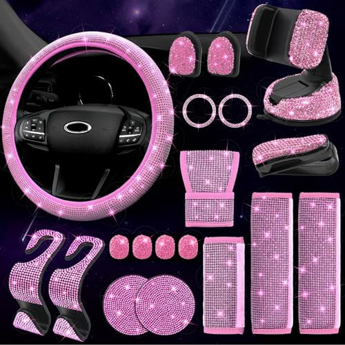 Lot de 19 Accessoires de Voiture Bling-Bling pour Femme, Housse de Volant de 38,1 cm, Housse de Ceinture de sécurité Bling-Bling, Support de téléphone Bling-Bling, Dessous de Verre en Strass (Rose)