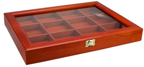 SAFE 5337 Sammelvitrine aus Holz mit 12 Fächern für Mineralien, Sammelfiguren uvm | Innenhöhe 28 mm | Maße 395 x 305 x 47 mm