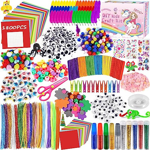 FAMKEEP 1800 Pezzi Lavoretti Creativi per Bambini DIY Art Craft Set, Scovolini Colorati per Lavoretti,Contiene Occhi Contorti, Bastoncini di Legno Colorati, Piume, Paillettes