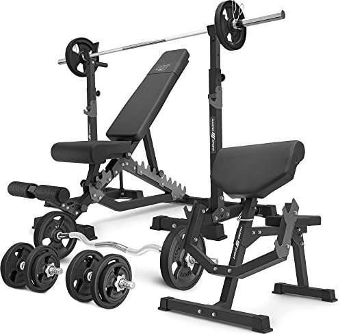 Marbo Sport Set MS33_2.0_83KG_G | Doppelseitige Bank + hantelablage (2 Stück) mit Sicherung + Scott Bank - mit höhenverstellbaren Armpolster + Stangen- und Hantelscheiben gummiert Set 83 kg