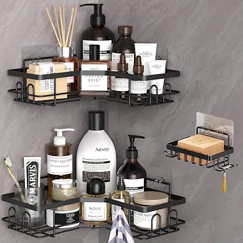 Corner Shower Caddy, Bathroom Shelf No Drill, Bathroo Storage Shower Basket, Adhesive Shower Storage Rack with Soap Razor Holder and 12 Hooks, Bathroom Accessory & Kitchen Accessories, 3 Pack, Black