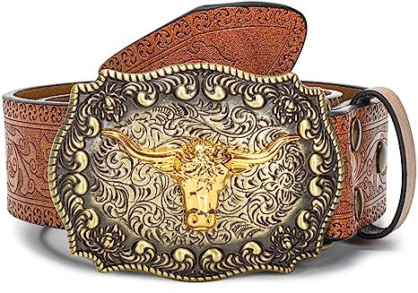 YCMI Western-Cowboy-Gürtel für Männer und Frauen – Bullenschnalle, Vintage-Stil, Blumenmuster, graviert, Gürtel für 63,5 bis 96,5 cm Taille, Braun, for 31-34 waist