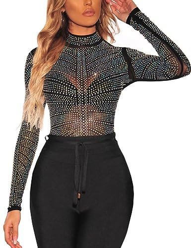 SEBOWEL Sexy Mesh Oberteil Damen Glitzer Top Langarm Transparentes Shirt Durchsichtige Tops Clubwear Schwarz L
