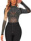 SEBOWEL Sexy Mesh Oberteil Damen Glitzer Top Langarm Transparentes Shirt Durchsichtige Tops Clubwear Schwarz L