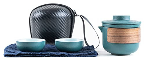 Tnfeeon Travel Tea Set, High Temperature Resistant Eagle Spout Ceramic Portable Small Teapot Cup with Storage Bag for Outdoor (Green Pot with 2 Cups)