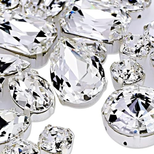 DONGZHOU Strasssteine zum Aufnähen, Glass Sewing Gemstones mit Silber Krappenfassung für DIY Crafts Schmuck machen Kleidung Hut Maske Hochzeit Kleid Dekoration 82Stück,Kristall