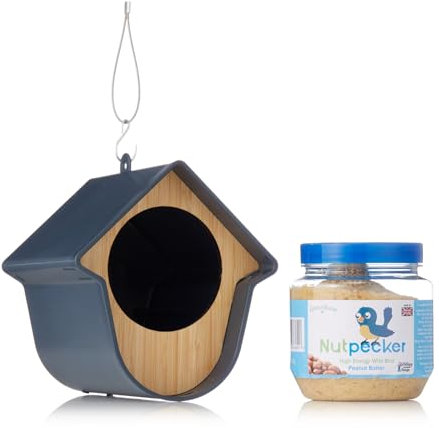 Grumpy Gardener Hanging Bird Feeder House with Peanut Butter Bird Food in 330 Grams Jar, Nutpecker Fancy Feeding Station for Wild Birds (Grey)