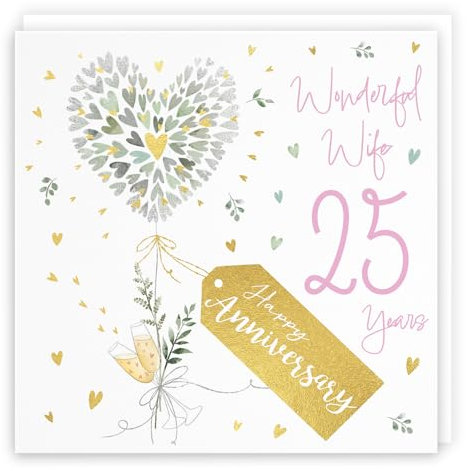 Hunts England - Tarjeta de 25 aniversario para esposa - Esposa de 25 años - Corazones contemporáneos - Lámina dorada - Tarjeta de lujo para 25 aniversario de boda para esposa - Feliz aniversario