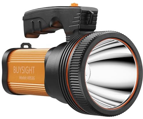 BUYSIGHT 120,000 Lumens Rechargeable Portable LED Flashlight with Handle Floodlight Ultra Long Standby Flashlight with USB Output (Classic Gold)