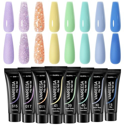 VANREESA Poly Nail Gel Kit - 8 Colours, 15ml Extension Gel Set - Lilac, Green, Blue Builder - Salon Set Gifts for Women