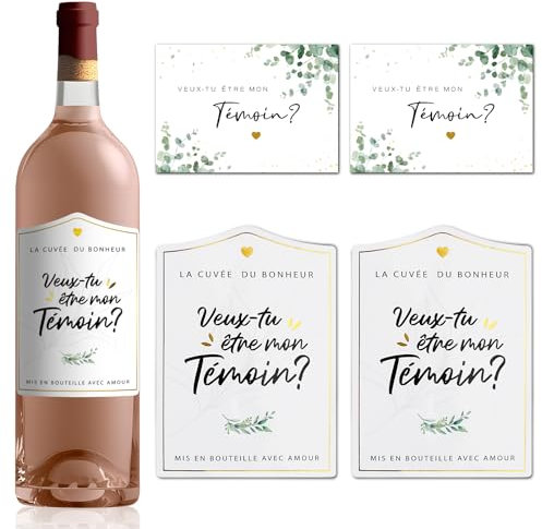 4pcs Etiquette Bouteille Veux-Tu Être Mon Témoin Etiquette Vin Témoin Annonce Mariage Champagne avec Carte de Note Cadeau Surprise