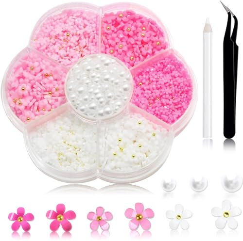 Nayyana 600 Stück 3D-Blumen-Nagelanhänger und Perlen mit flacher Rückseite, rosa-weiße Acrylblume für Nageldekoration, Goldperlen, Halbperlen für Nagelzubehör, Y2K-Nagelkunst-Zubehör