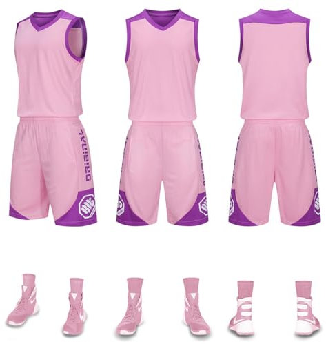 HULG Basketball-Anzüge,modisches Basketball-Trikot,Kinder/Erwachsene,2-teiliges Basketball-Performance-Tanktop Und Shorts-Set,Basketball-Trikot-Set Mit Taschen (Pink,XS)