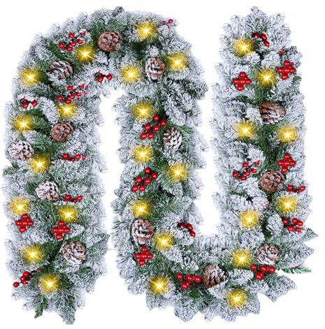 Guirlande de Noël 30 LED - Sapin 2,7 m Avec Boules de Fleurs Lumineuses - Décoration en Rotin Pour Escaliers Intérieur Extérieur
