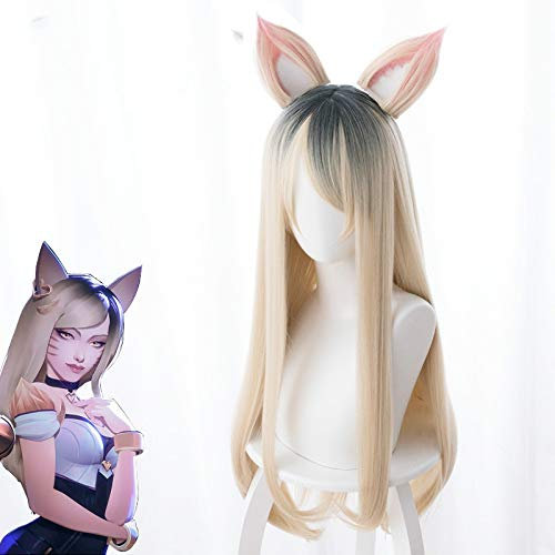 Cosplay Perücke Lol Kda Ahri Blonde 80Cm Mischfarbe Mit Katzenohr Synthetisches Haar Cosplay Kostüm Requisiten Halloween Party Perücke+Perücke Cap